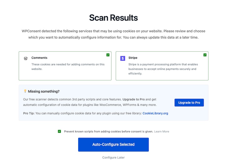 Screenshot – Easy Digital Downloads The WPConsent WordPress plugin automatic website cookie scanner results.